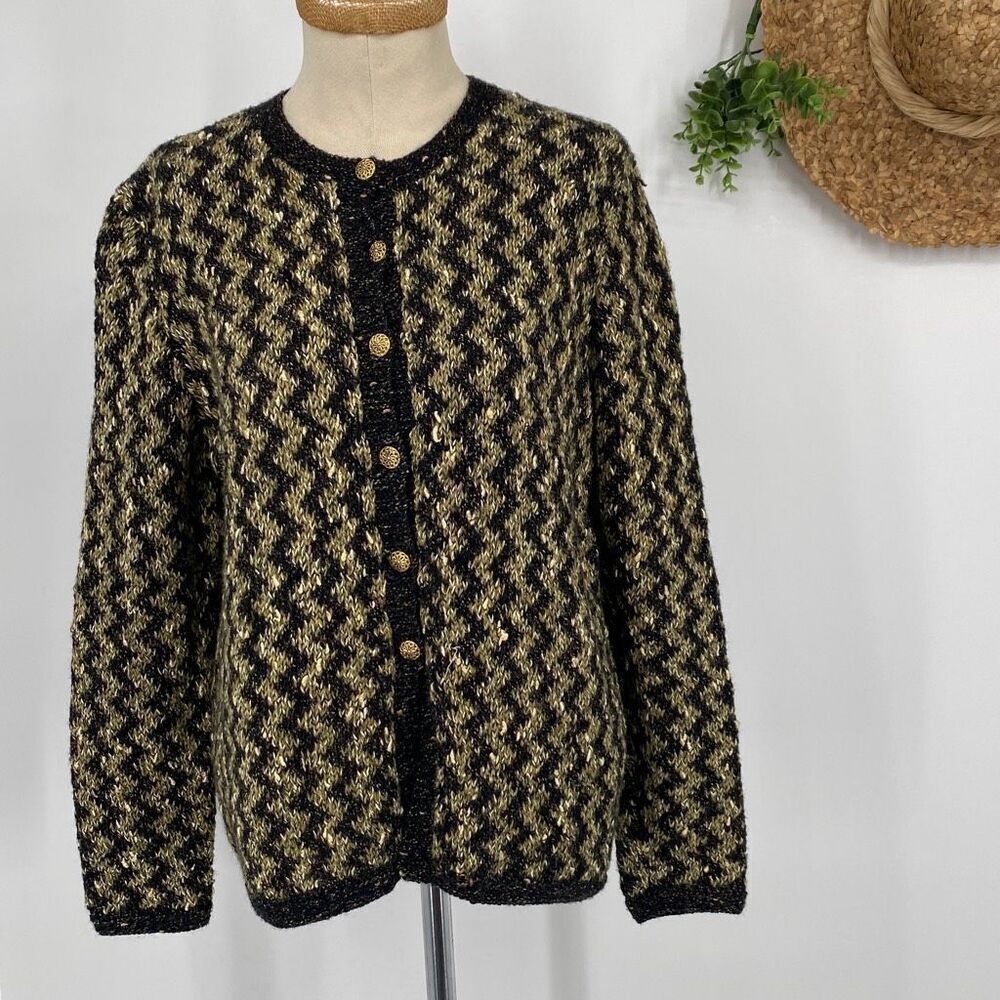 South Wool Women's Small Pure New Wool Cardigan Sweater Black Sage Shimmer Cream